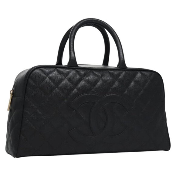 CHANEL Matelasse Hand Bag Grained Calf Skin Black Gold CC Auth BA451A - Picture 1 of 16